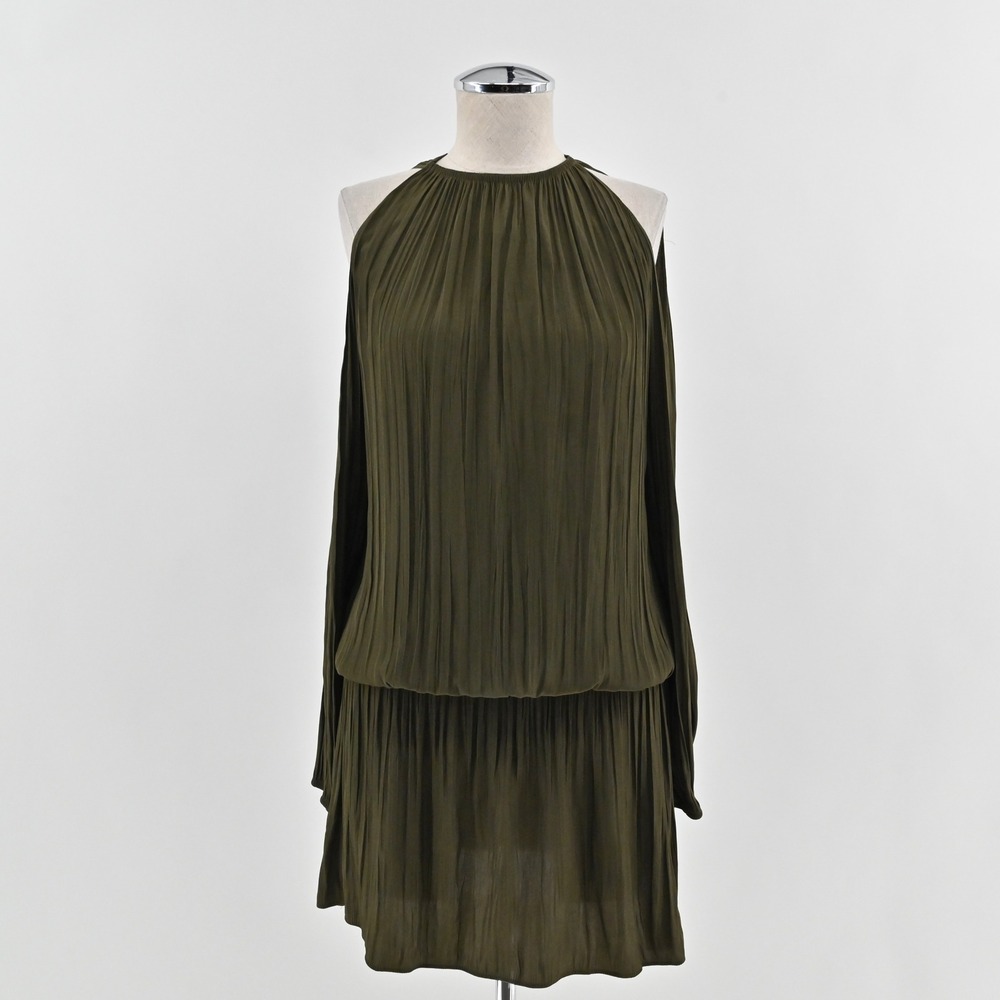 Ramy Brook Lauren‎ Cold Shoulder Dress XXS Olive Green Pleated Earthy Ethereal